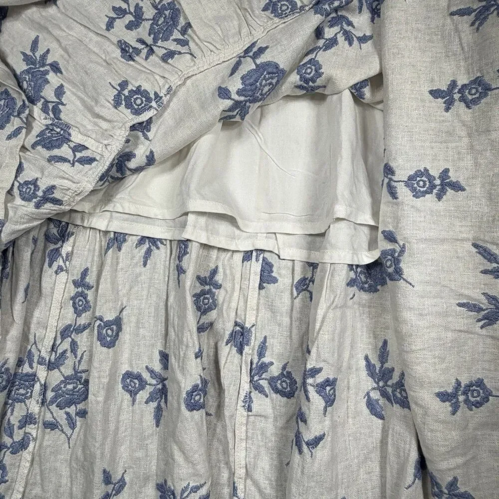 Abercrombie Linen Blend Floral Tiered Maxi Skirt Womens XS Blue White Boho Beach